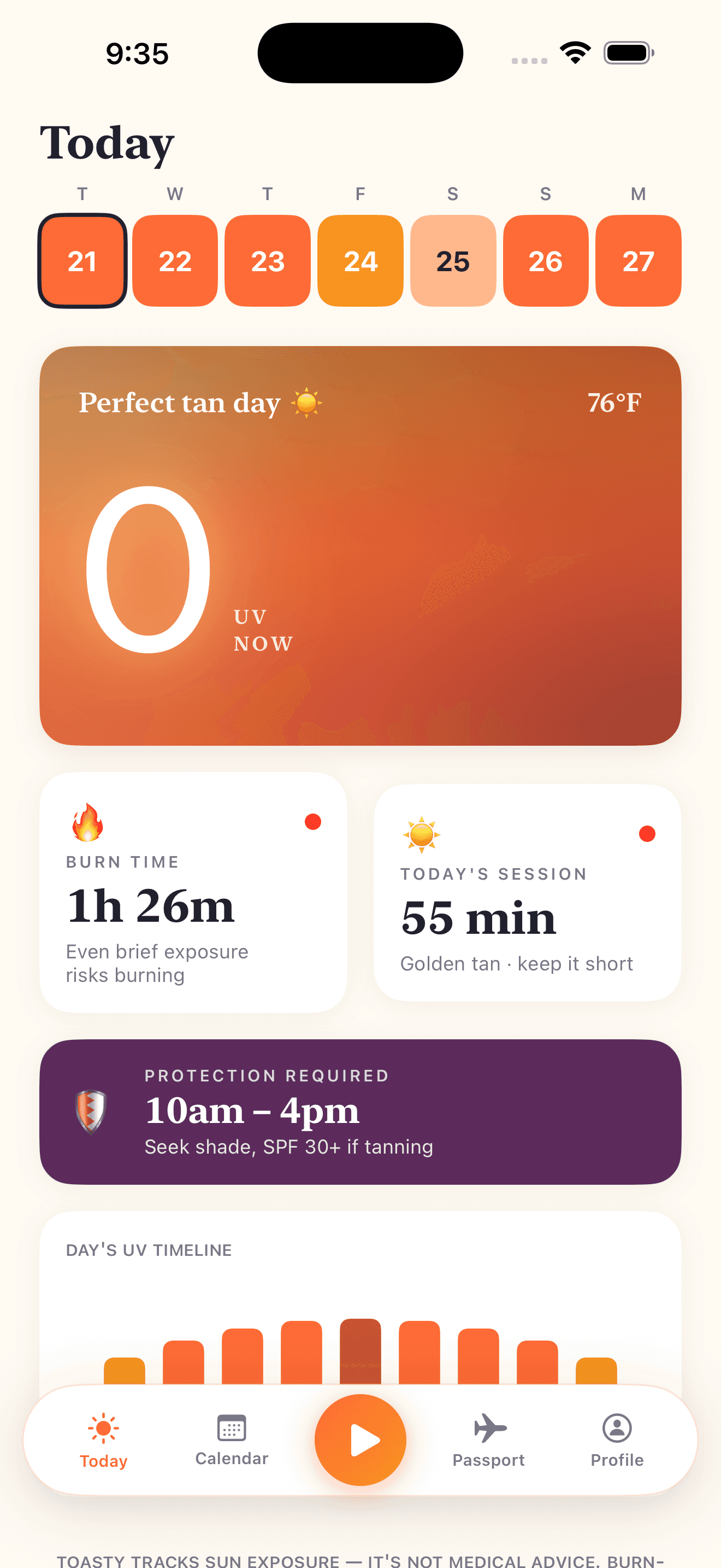 Toasty Today tab showing UV forecast